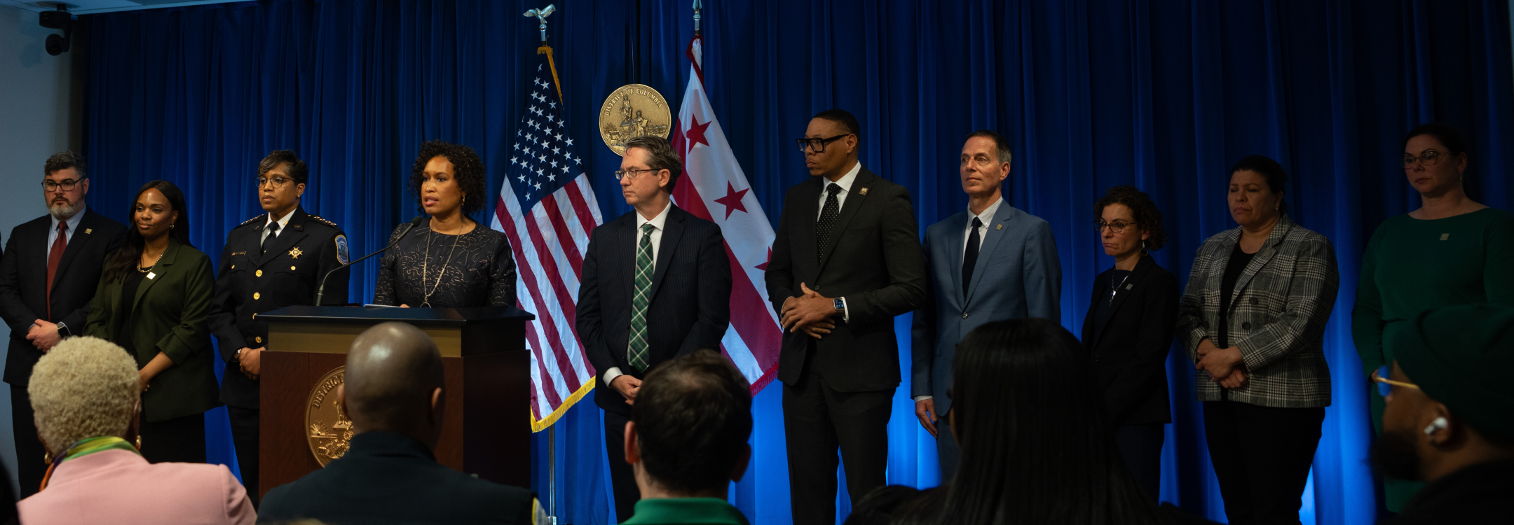 Mayor Bowser, City Administrator Donahue, Budget Director Reed in front of DC Council